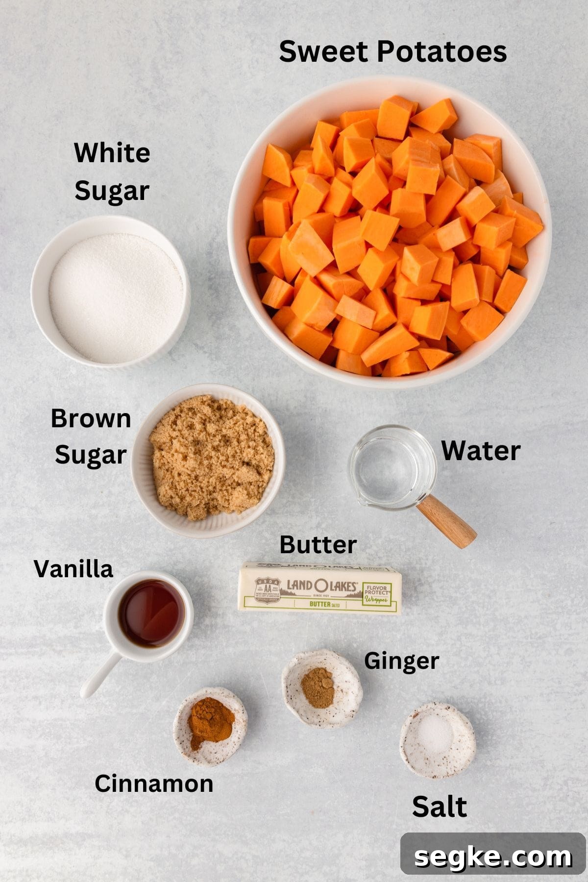 Candied Yams Recipe: Brown Sugar and Cinnamon Glaze 3 Sweet potatoes chopped in a white bowl, with ingredients for a recipe around it.