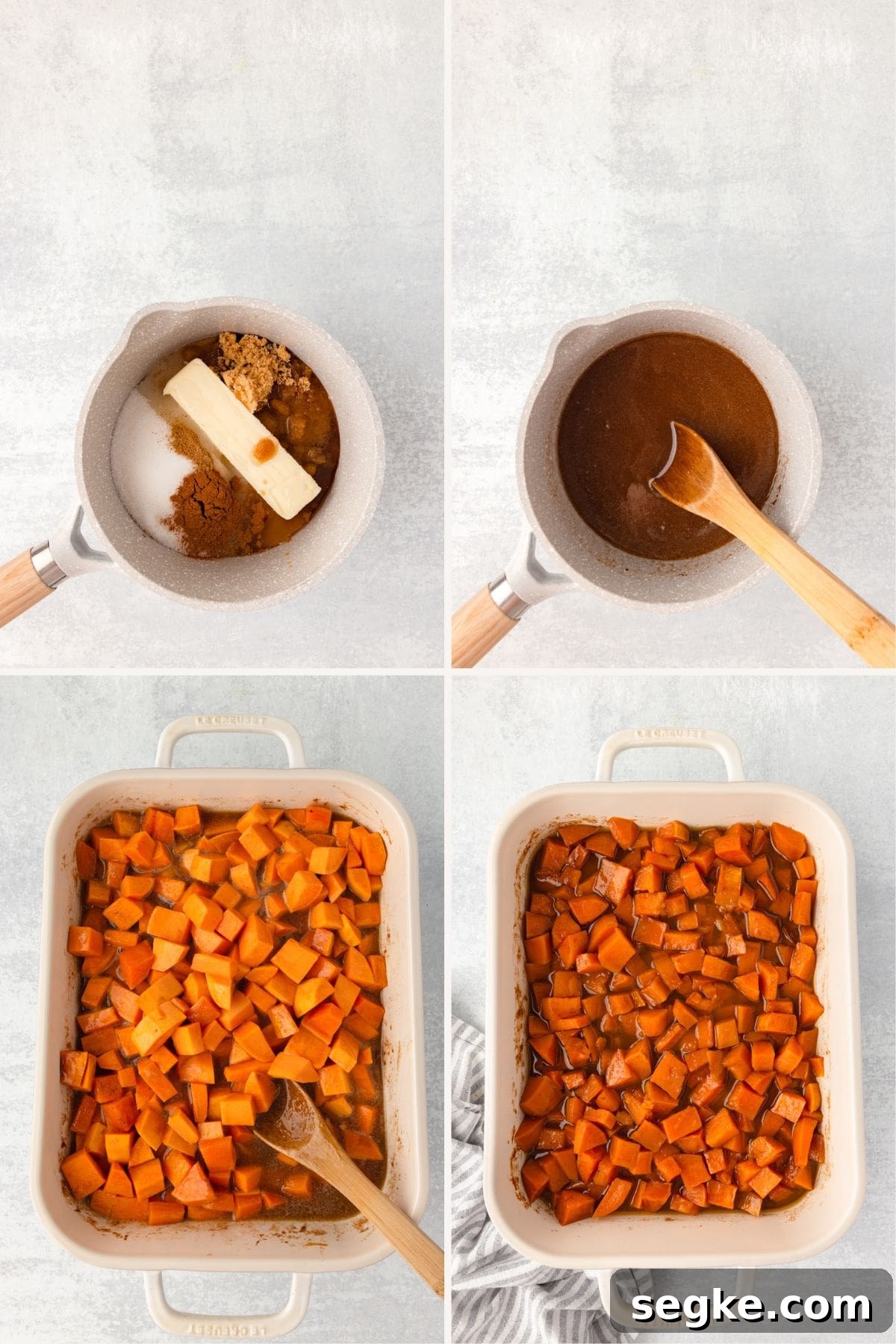 Candied Yams Recipe: Brown Sugar and Cinnamon Glaze 4 Sweet potato soup ingredients in preparation, with butter, spices, and cooking stage.