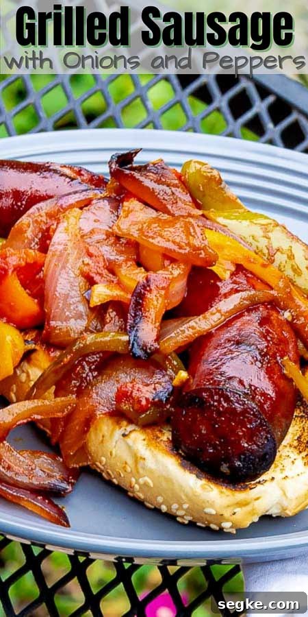 Grilled Sausage with Peppers and Onions Recipe 7 grilled sausage with onions and peppers Pinterest pin image