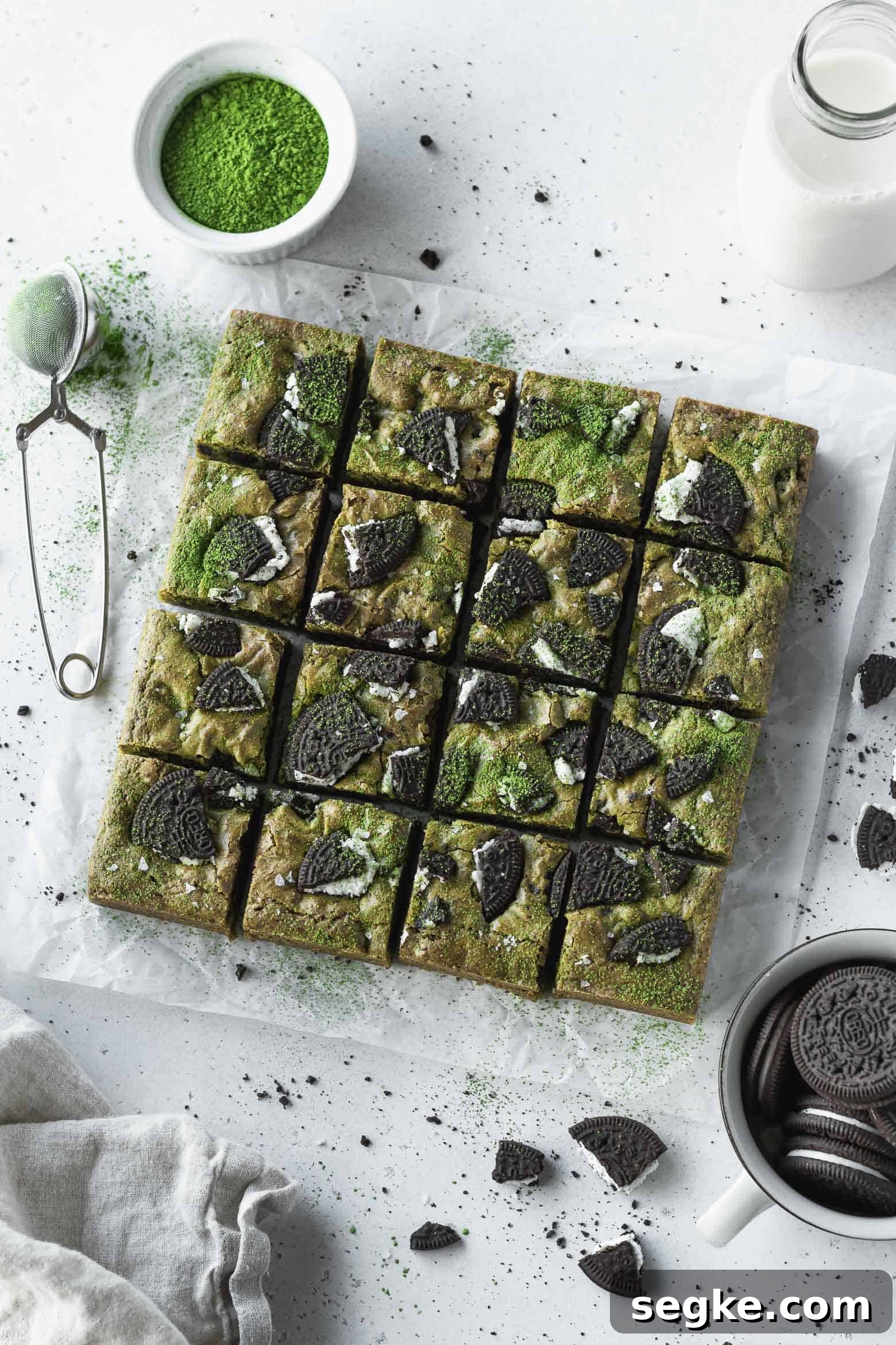 Matcha oreo blondies cut into squares