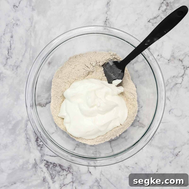 Flaky Mozzarella-Stuffed Whole-Wheat Biscuits Recipe 4 Overhead view of process shot 1 - combine the flour, baking powder, baking soda, and salt in a medium bowl.