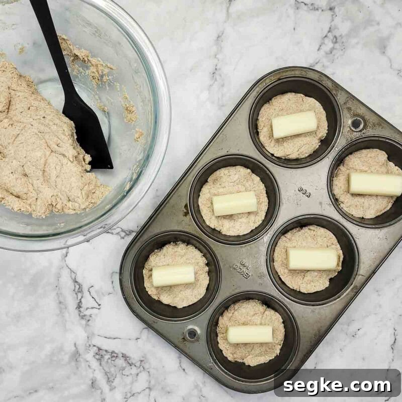 Flaky Mozzarella-Stuffed Whole-Wheat Biscuits Recipe 6 Overhead view of process shot 3 - distribute about half of the dough among 6 muffin cups and place a small piece of mozzarella in each of the muffin cups.