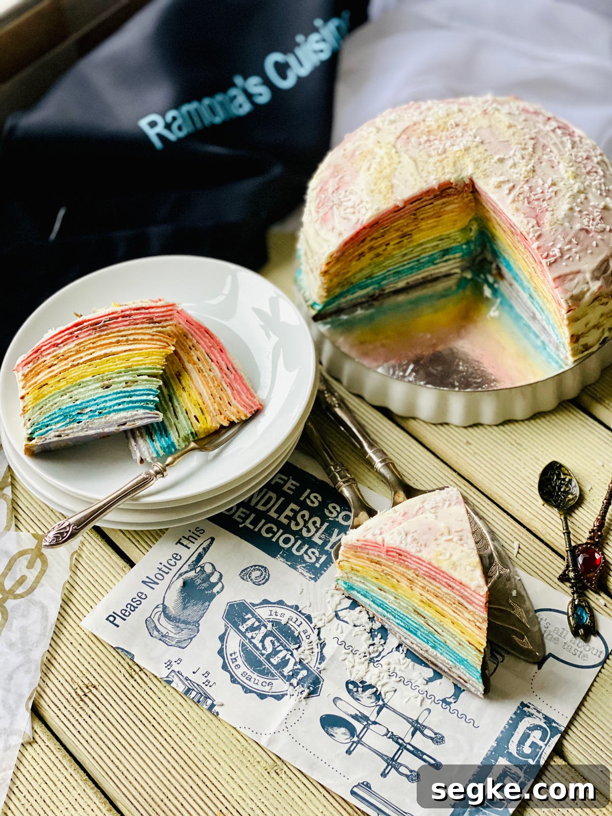 Rainbow Crepe Cake Recipe: Step-by-Step Guide 2 Two rainbow crepe cake slices on a stack of white plates and one slice closer on a patterned black and white paper