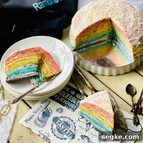 Two rainbow crepe cake slices on a stack of white plates and one slice closer on a patterned black and white paper