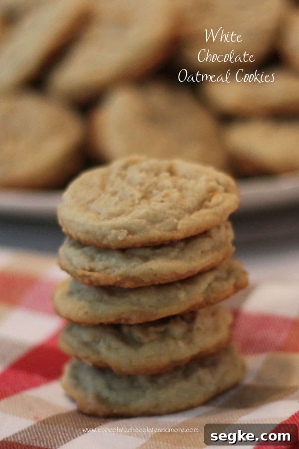 White Chocolate Oatmeal Cookies - melted white chocolate gives a rich vanilla flavor