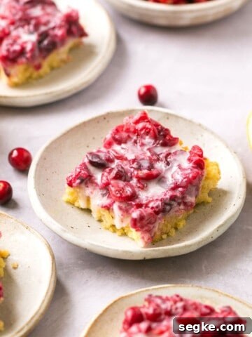 Cranberry lemon bars on plates with lemons and cranberries around them.