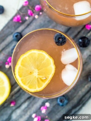 Two glasses of huckleberry lemonade topped with lemon slices and blueberries.