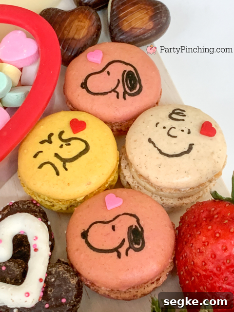 Valentine Charcuterie, best charcuterie ideas, Valentine treat ideas, cute charcuterie boards, heart charcuterie, heart treats, best kids valentine's day ideas, best valentine recipes, easy valentine recipes, easy charcuterie ideas, snoopy macarons, charlie brown macaron, woodstock macarons