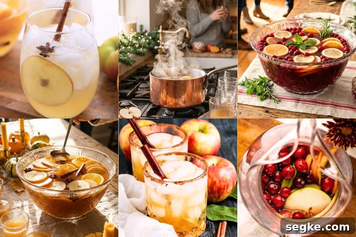 Six-photo collage of fall drinks including apple cider cocktails, steaming copper pot, cranberry punch bowls, and spiced sangria.