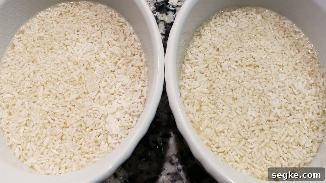 uncooked rice and chicken broth in baking dishes