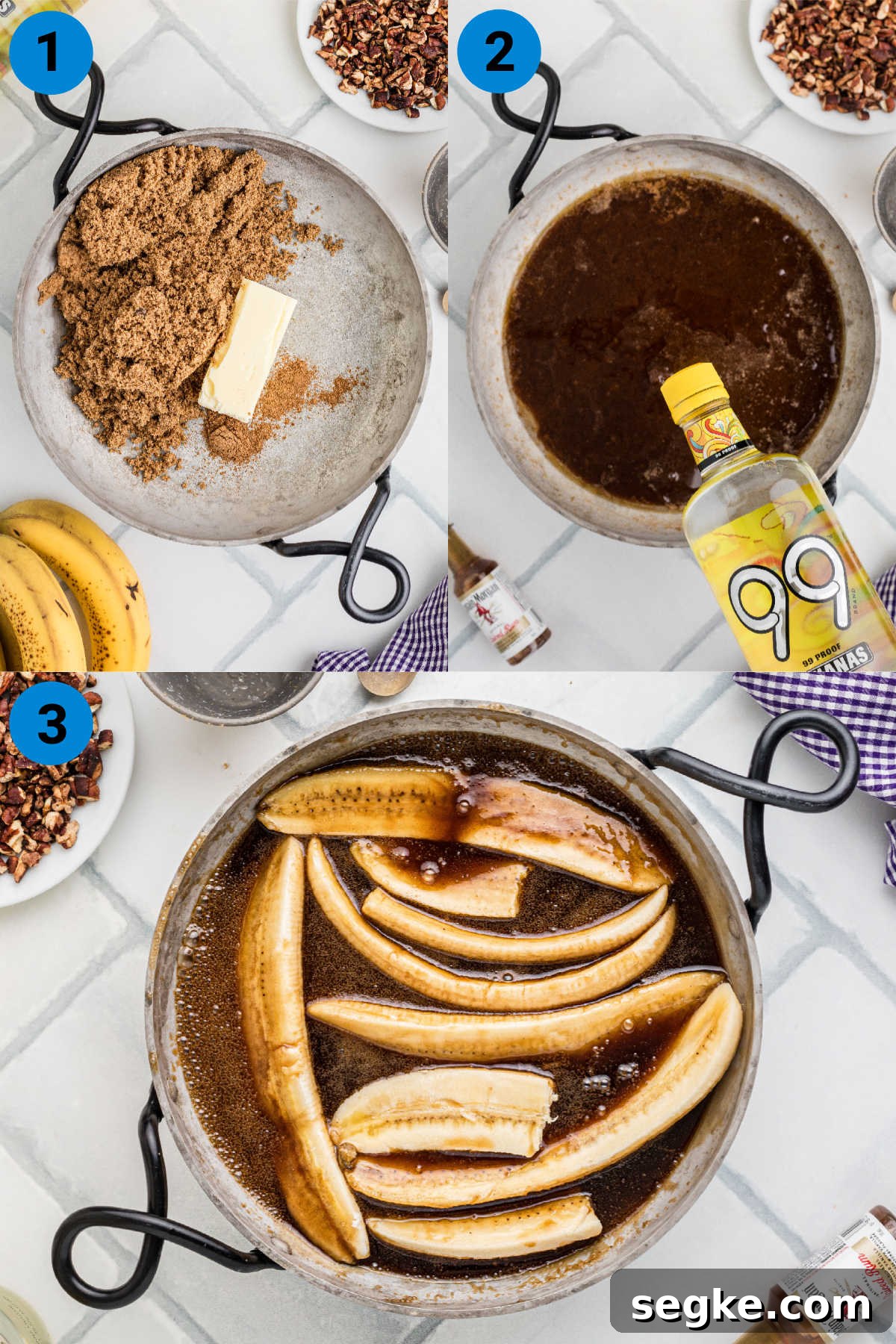 Classic New Orleans Bananas Foster Recipe 4 A collage of three images showing how to make bananas foster.