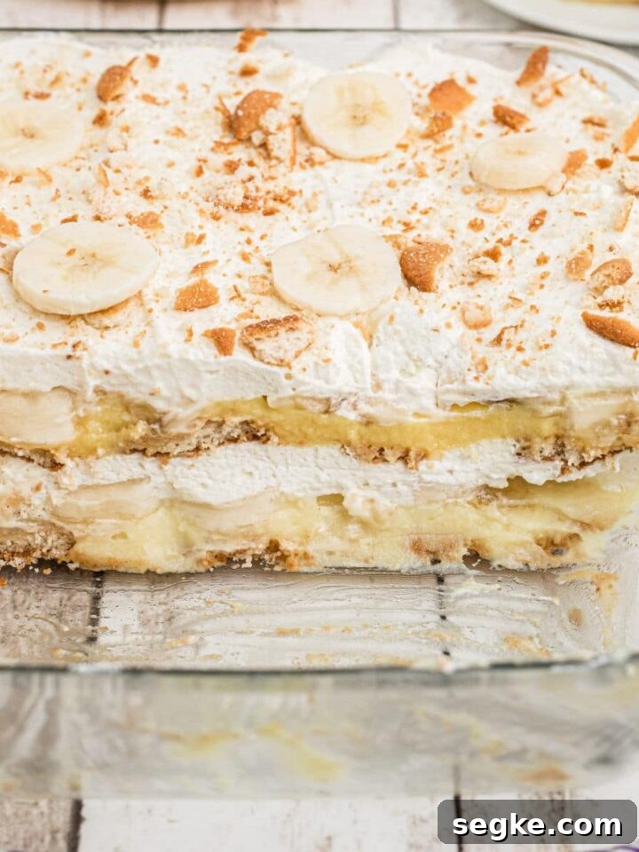 A dish full of no bake banana pudding with a few pieces missing.