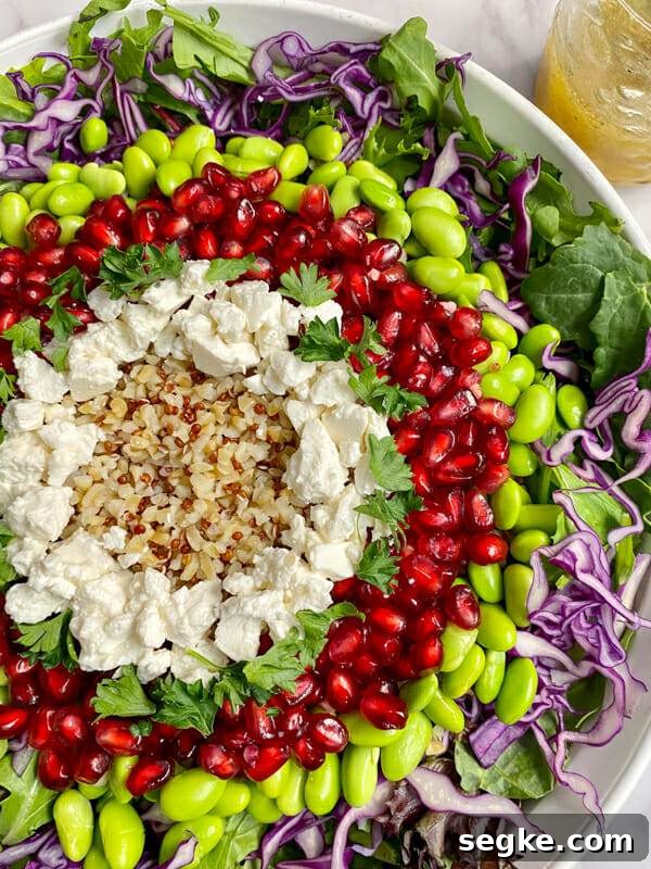 Pomegranate and Whole-Grain Salad Recipe 2 close up of colourful pomegranate whole grain salad
