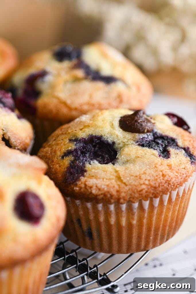 close up of blueberry chocolate chip muffins