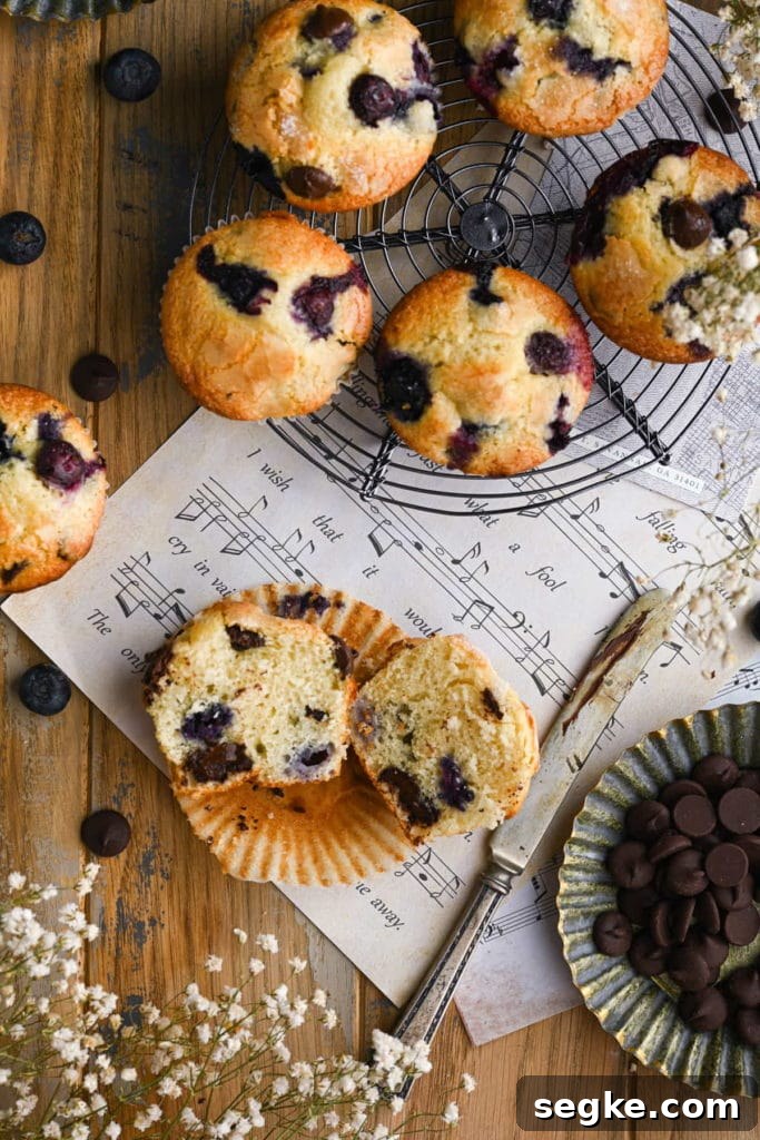 flat lay of blueberry chocolate chip muffins with one split open