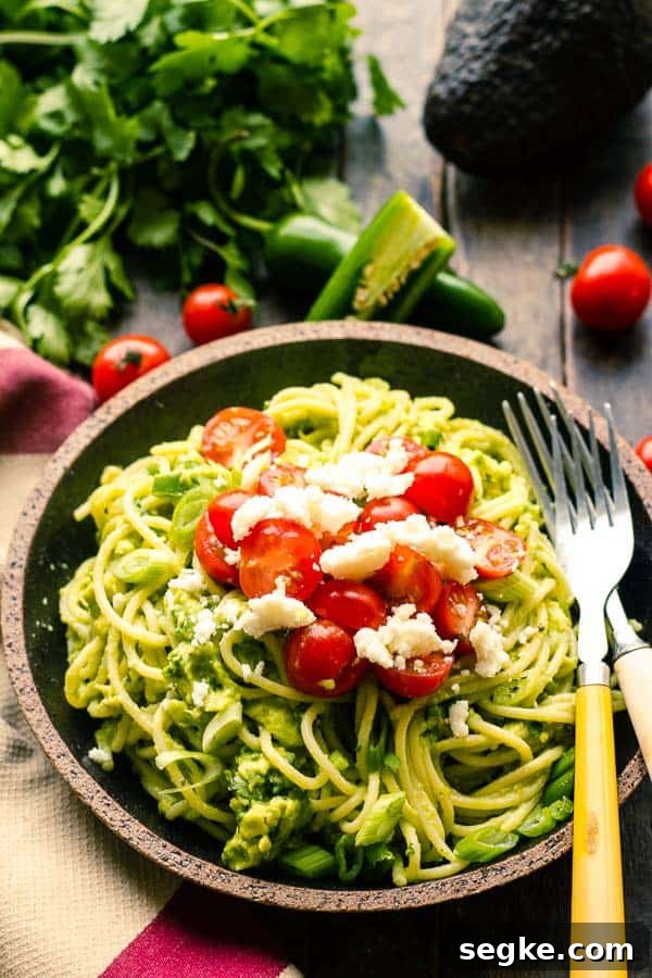 Creamy Avocado Pasta with Jalapenos and Crumbled Queso Fresco 2 TEN MINUTES TO DINNER - no, really!! And this Spicy Avocado Pasta tastes amazing, too!
