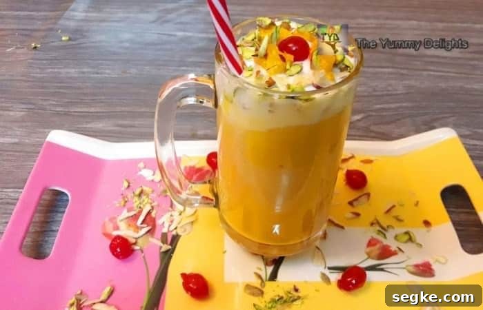 Mango mastani served in a big glass.