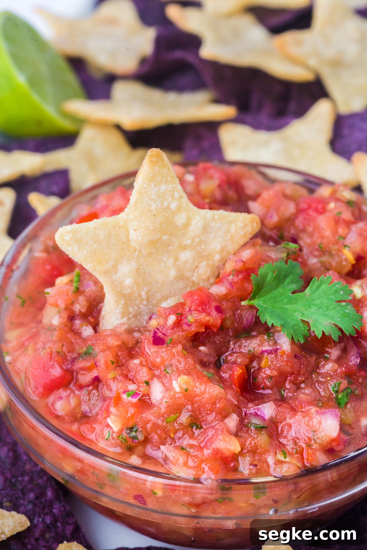Salsa in a glass bowl topped with a star chip.