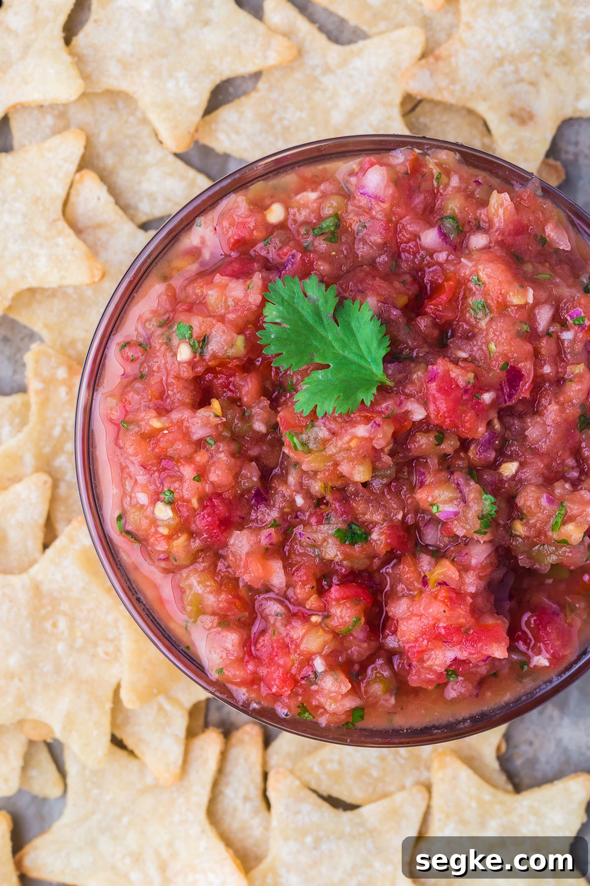 Salsa in a glass bowl and star tortilla chips.