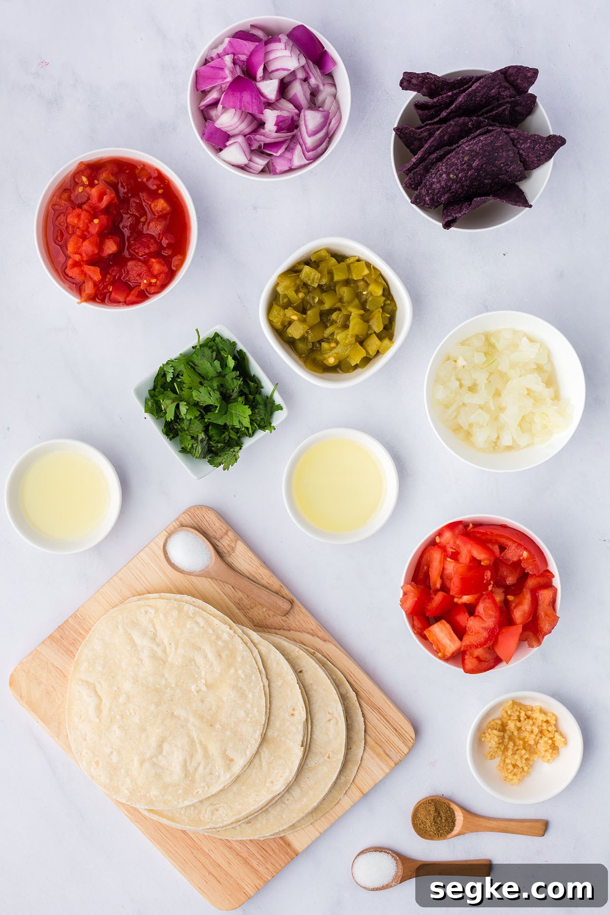 Ingredients to make salsa and star chips are set out on the counter.
