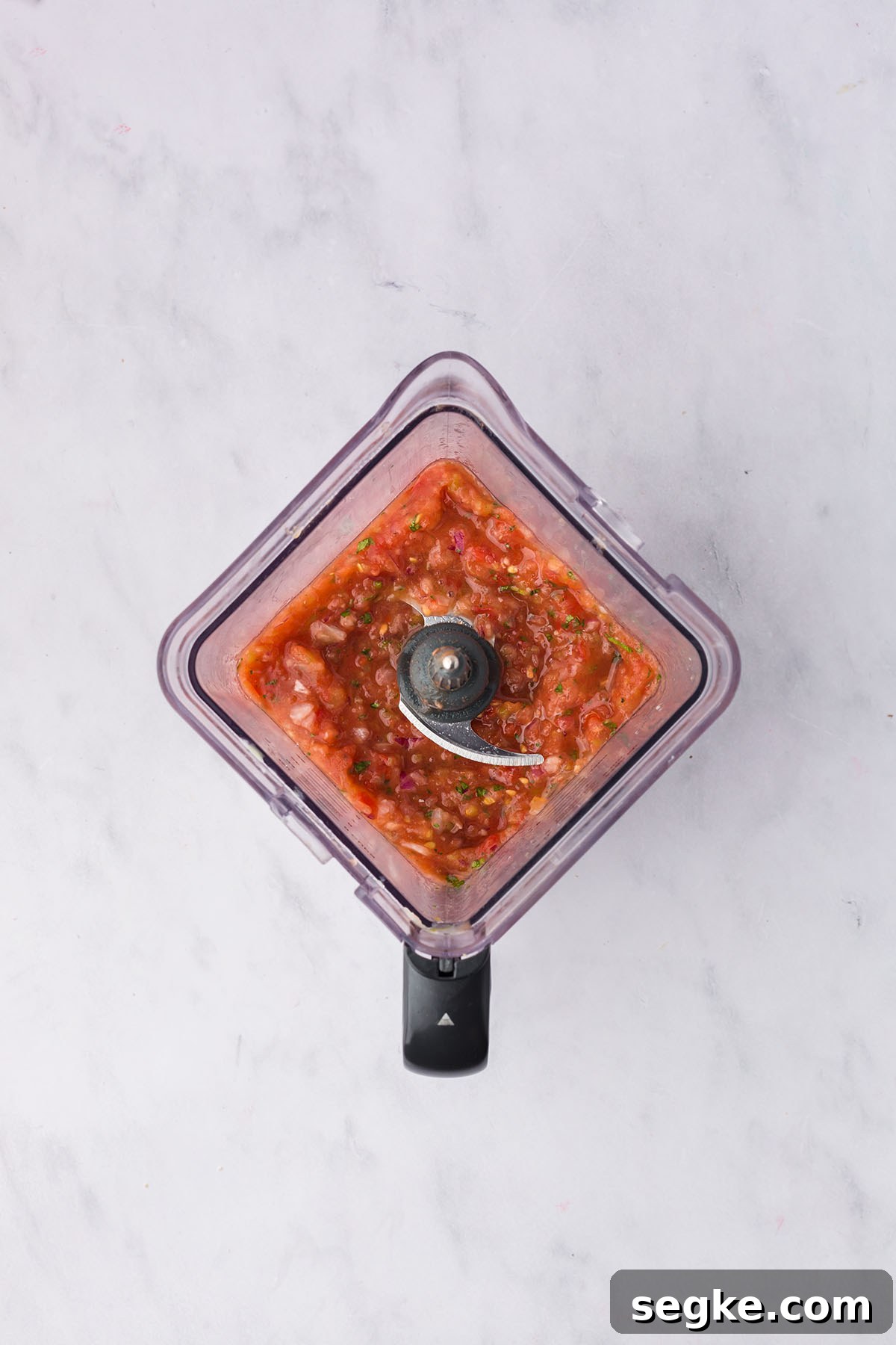 Salsa ingredients are blended in the food processor.