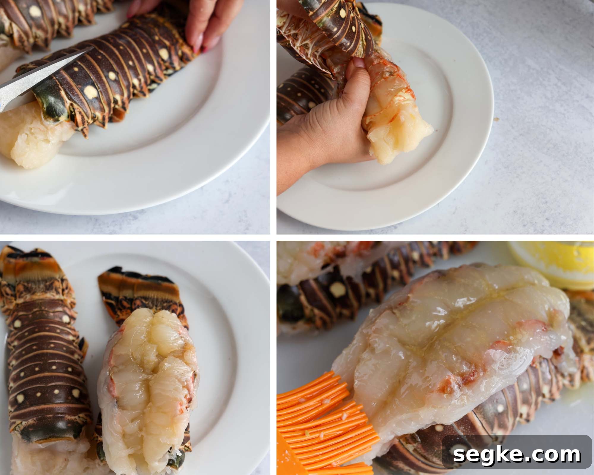 4 photo collage showing how to butterfly and season a lobster tail.