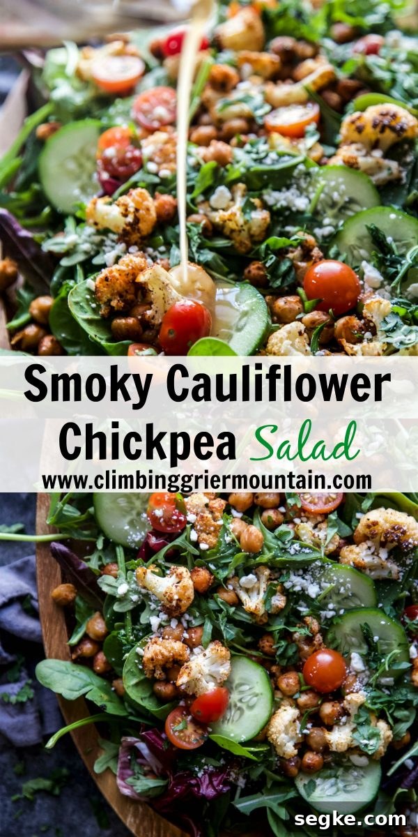 Smoky Roasted Cauliflower and Chickpea Salad 6 Final plated smoky cauliflower chickpea salad with greens and dressing
