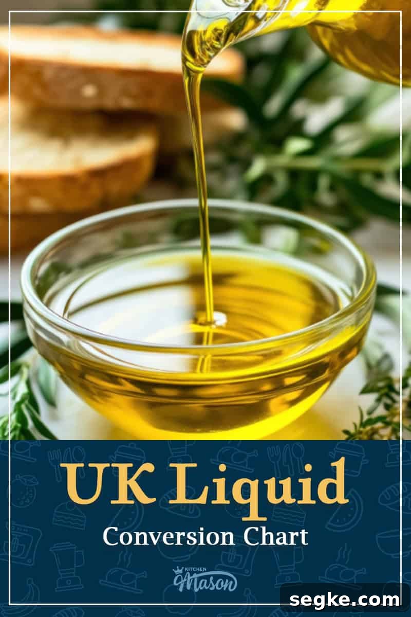 Oil being poured into a small dish. A text overlay says 'UK liquid conversion chart'.