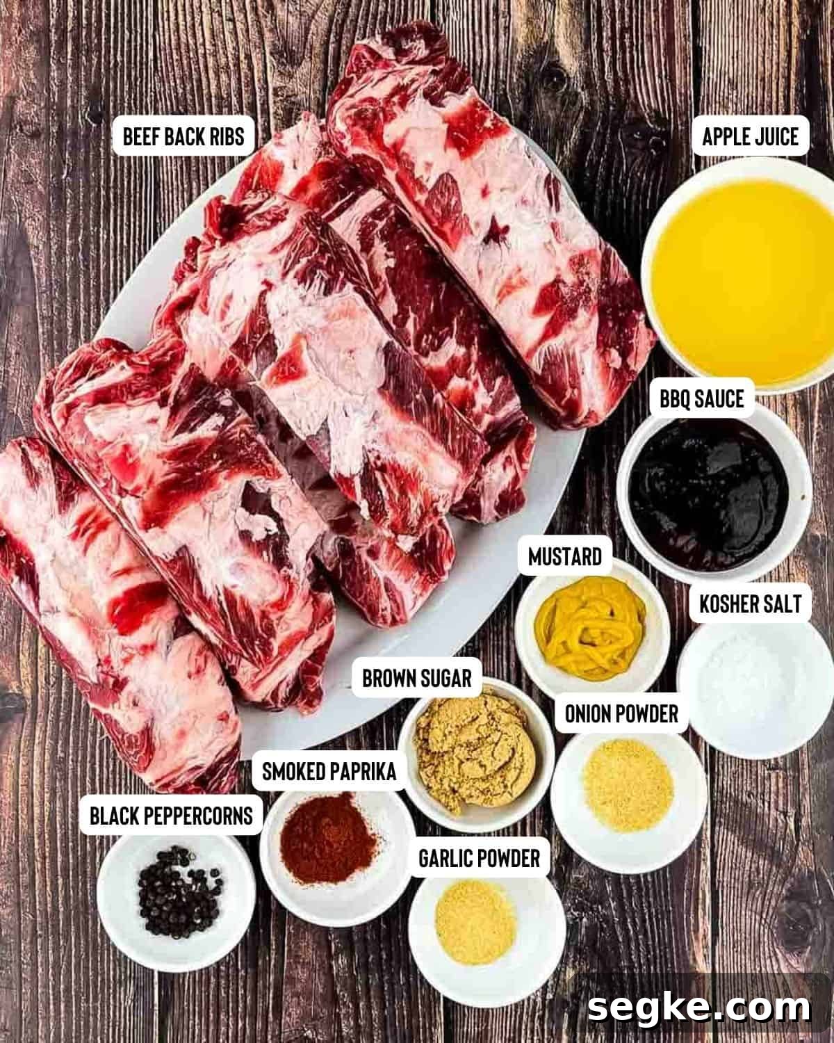 How to Smoke Beef Back Ribs on a Pellet Grill 2 Ingredients for smoked beef back ribs on a wooden table.