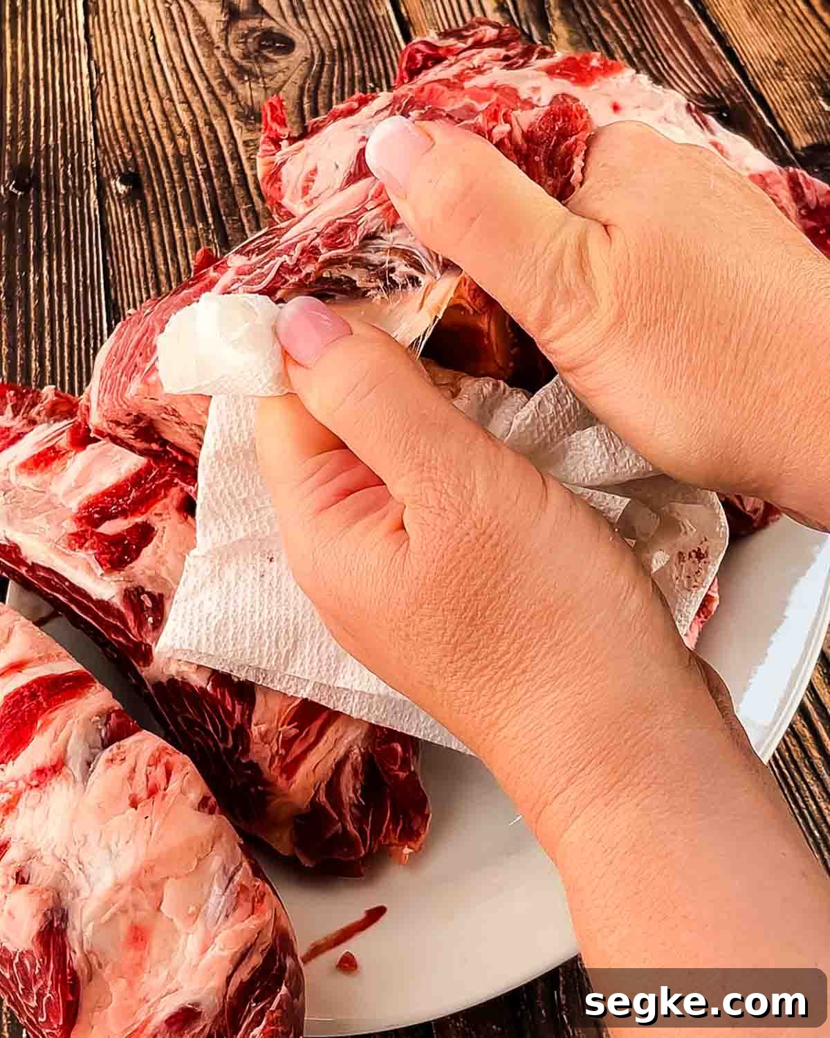 How to Smoke Beef Back Ribs on a Pellet Grill 4 A hand using a paper towel to help grip the silverskin to tear it off.