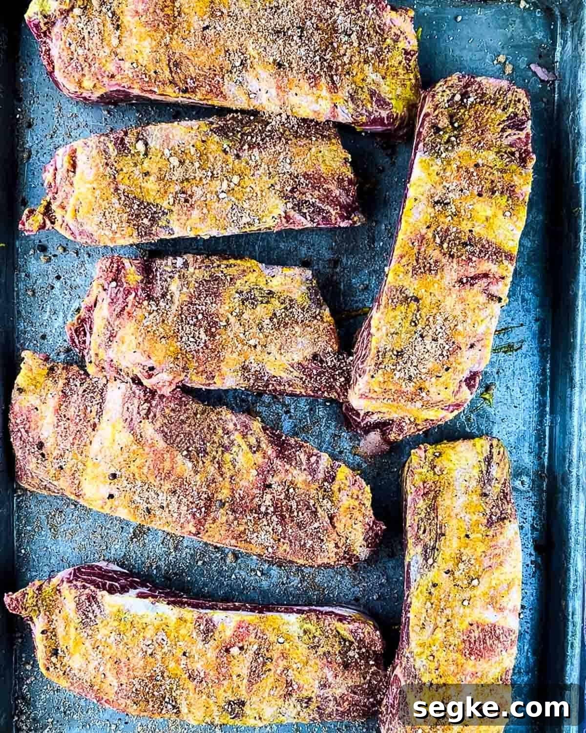 How to Smoke Beef Back Ribs on a Pellet Grill 8 The dry rub generously sprinkled on the beef ribs.