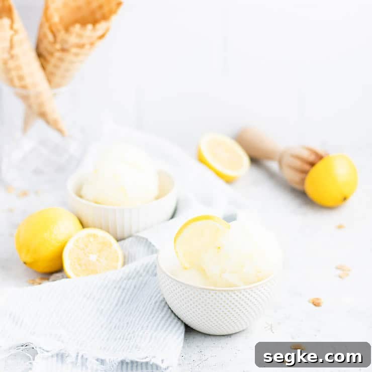 two scoops of lemon sorbet in bowls.