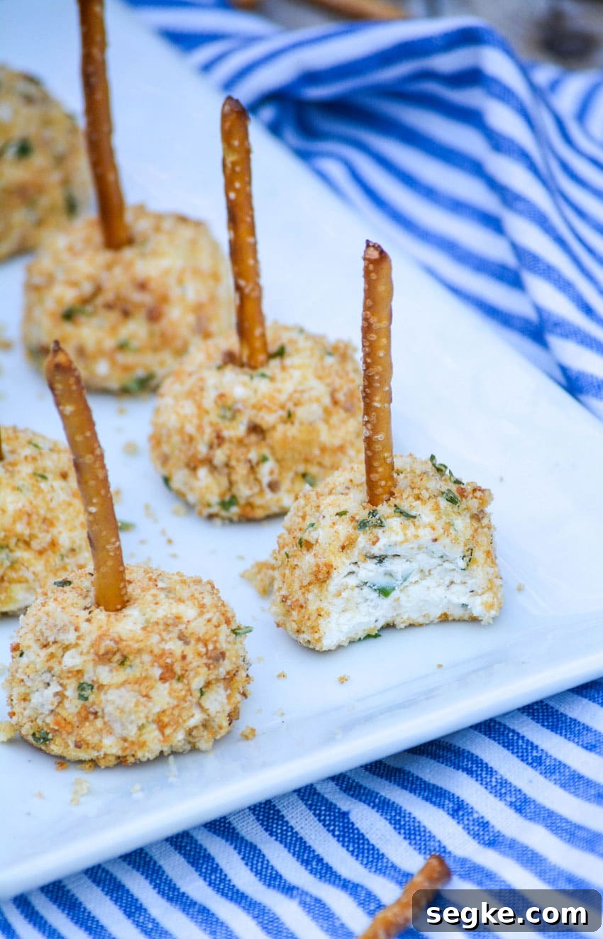 miniature cheese balls made with goat cheese arranged in two rows on a white platter