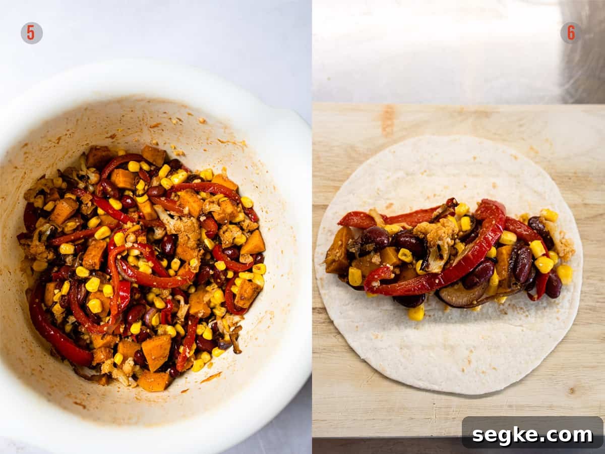 Vegetables being mixed and stuffed into tortillas.
