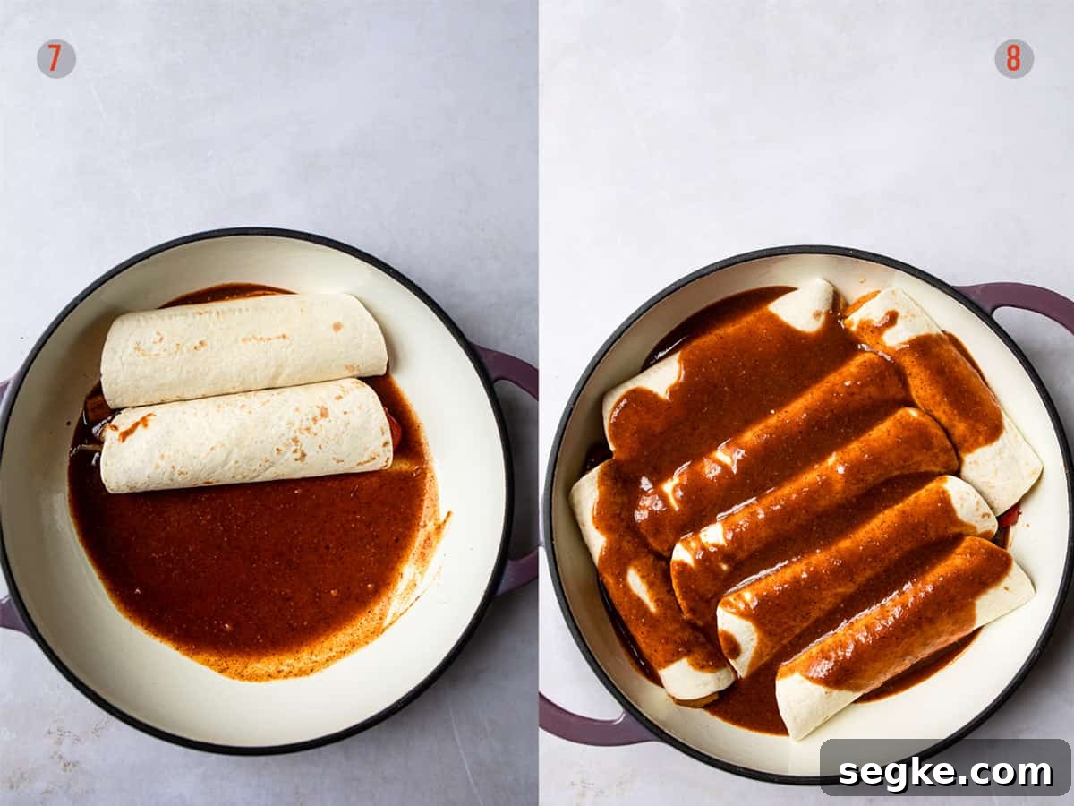 Vegetarian enchiladas arranged in a baking dish before baking.