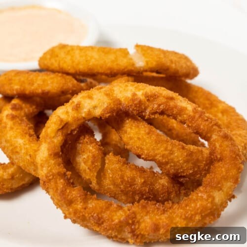 Frozen onion rings in the air fryer featured close up image