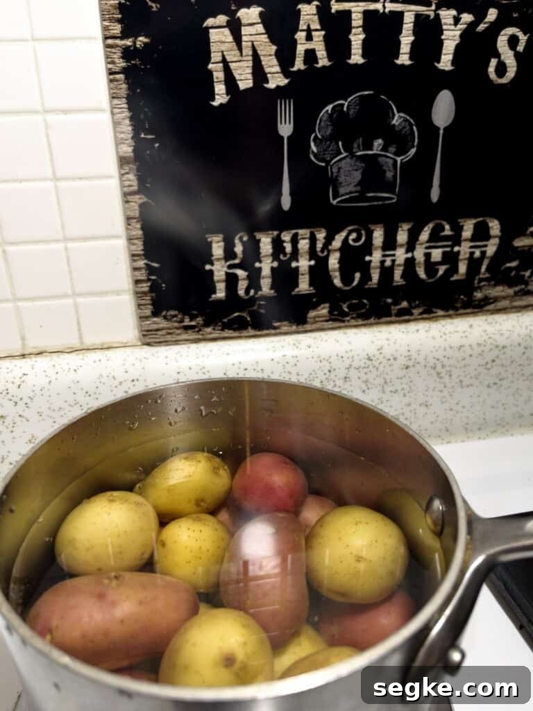 Instant Pot Mississippi Pot Roast Recipe (Juicy & Tender) 7 mini new potatoes in a pot of boiling water for mashed potatoes.