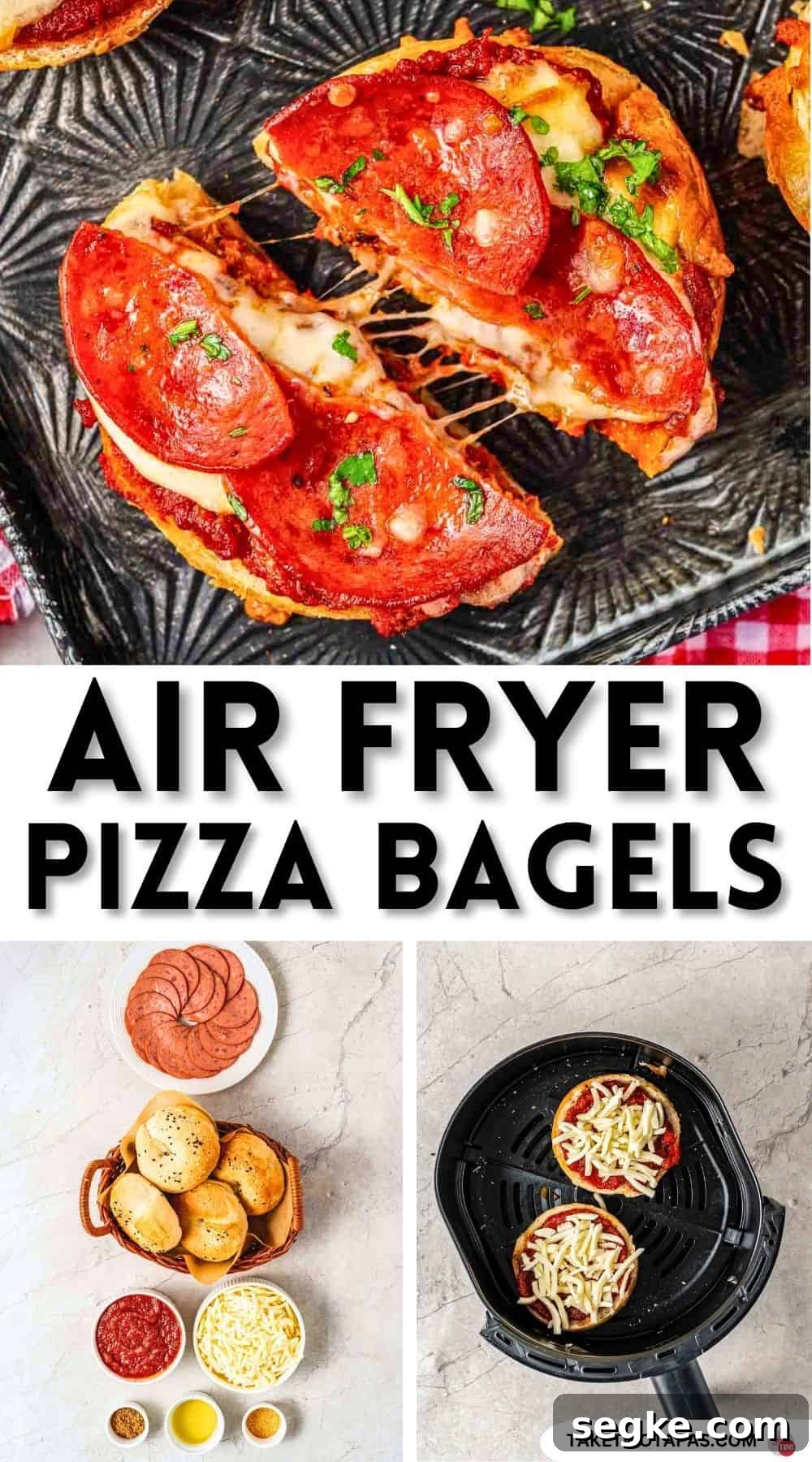 Crispy Air Fryer Pizza Bagels Recipe 12 Pinterest pin image for air fryer pizza bagel recipe
