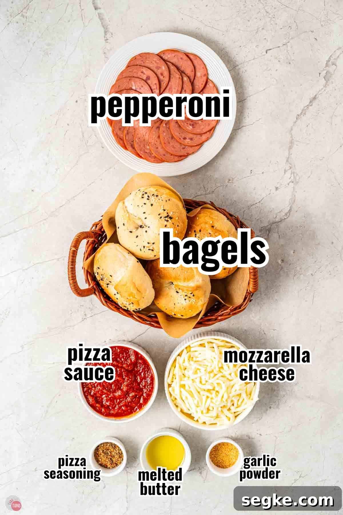 Crispy Air Fryer Pizza Bagels Recipe 3 individual ingredients for a recipe with text overlay labeling them