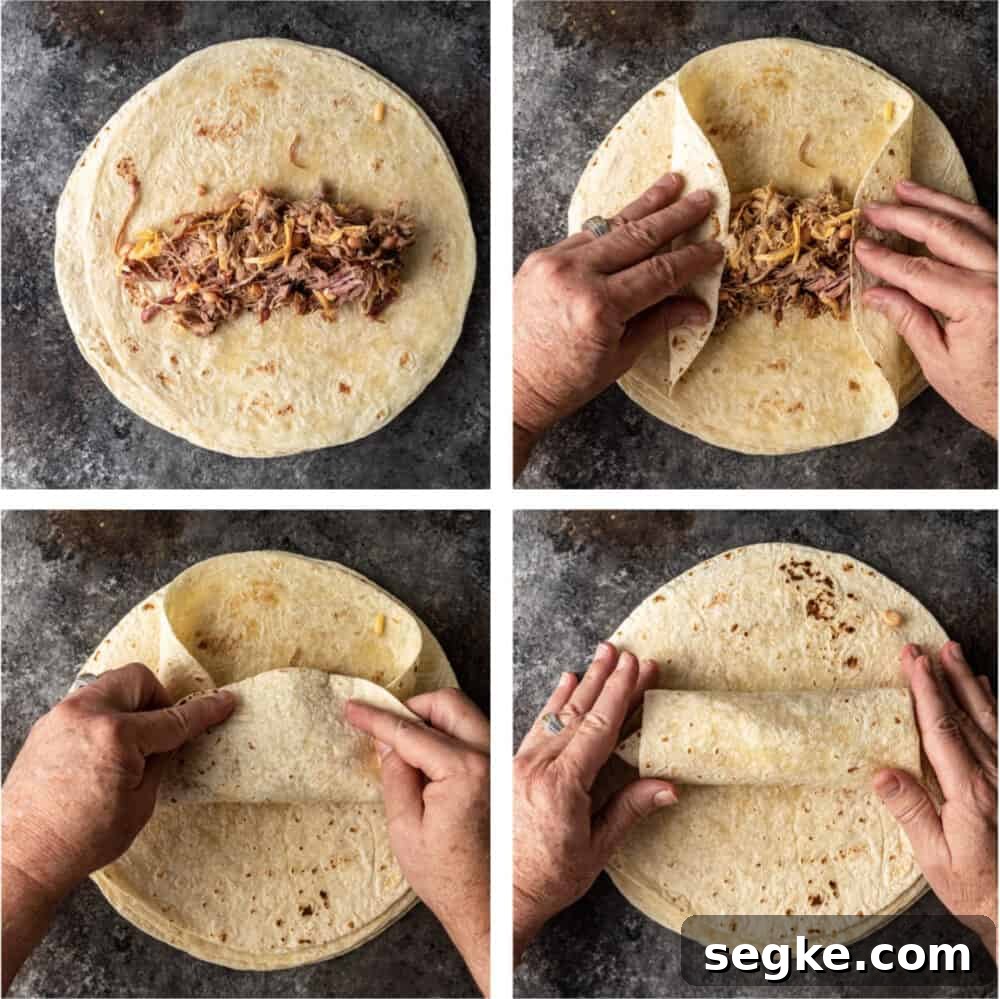 collage shows how to fold enchiladas