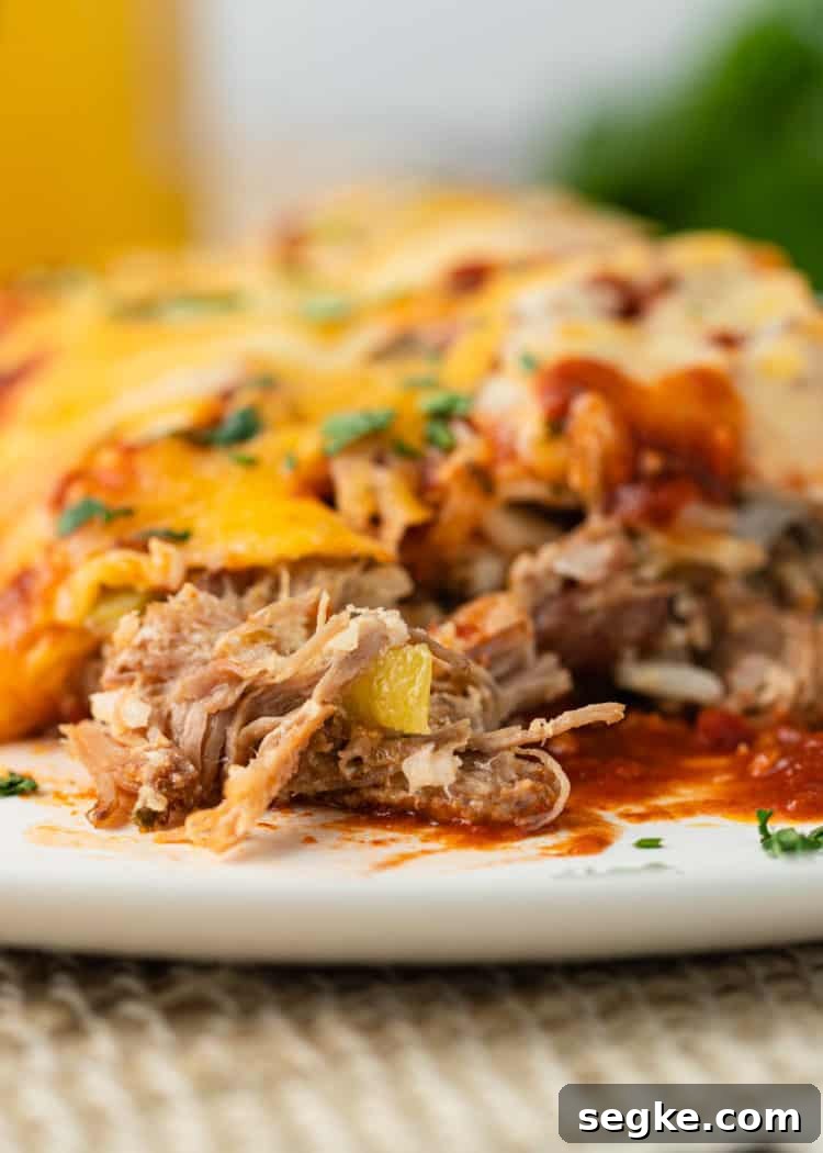 close up pulled pork enchilada casserole