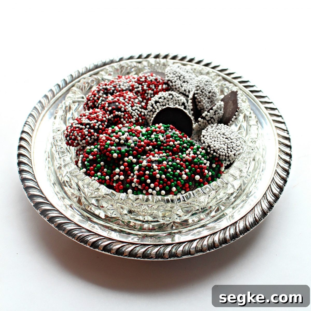 Chocolate Nonpareils: Classic Sprinkle Candy 2 Candies in a silver and crystal candy dish.