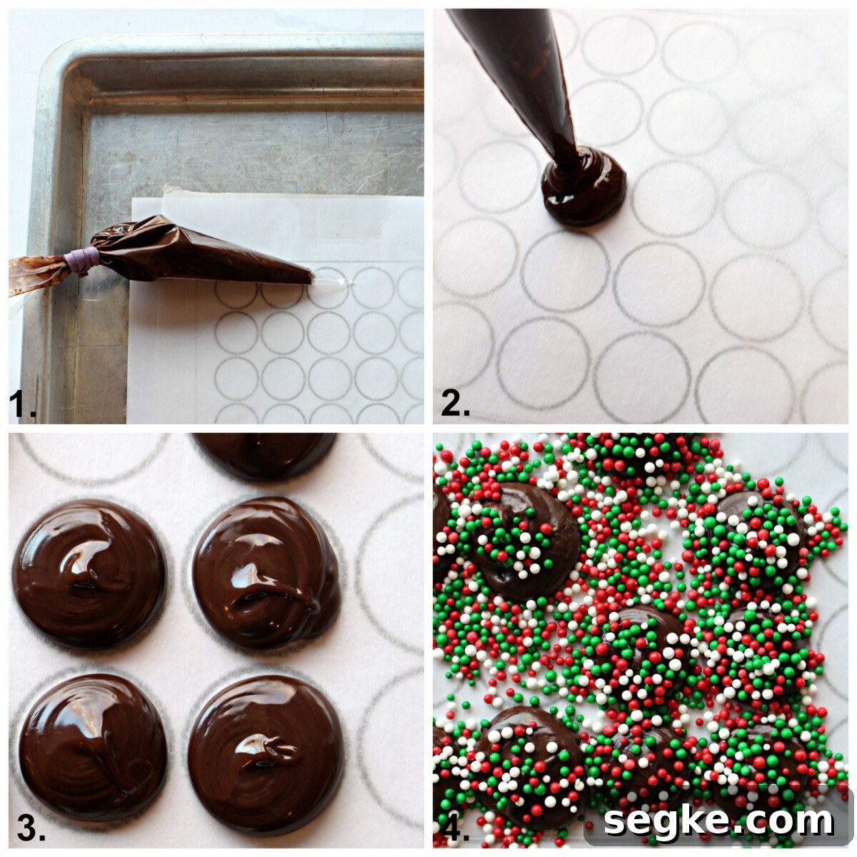 Chocolate Nonpareils: Classic Sprinkle Candy 3 Step by step instructions piping chocolate circles and adding sprinkles.