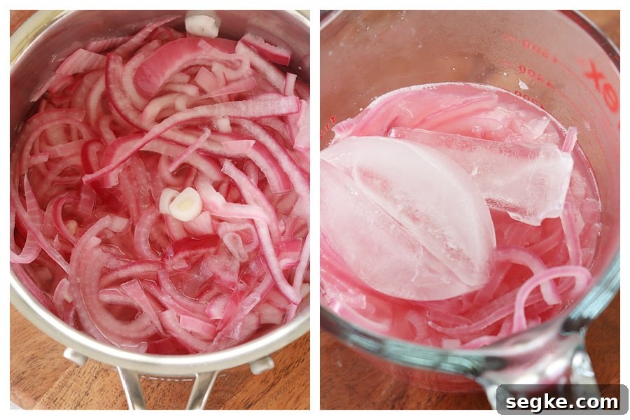 Red onions in a saucepan and in a glass cup.
