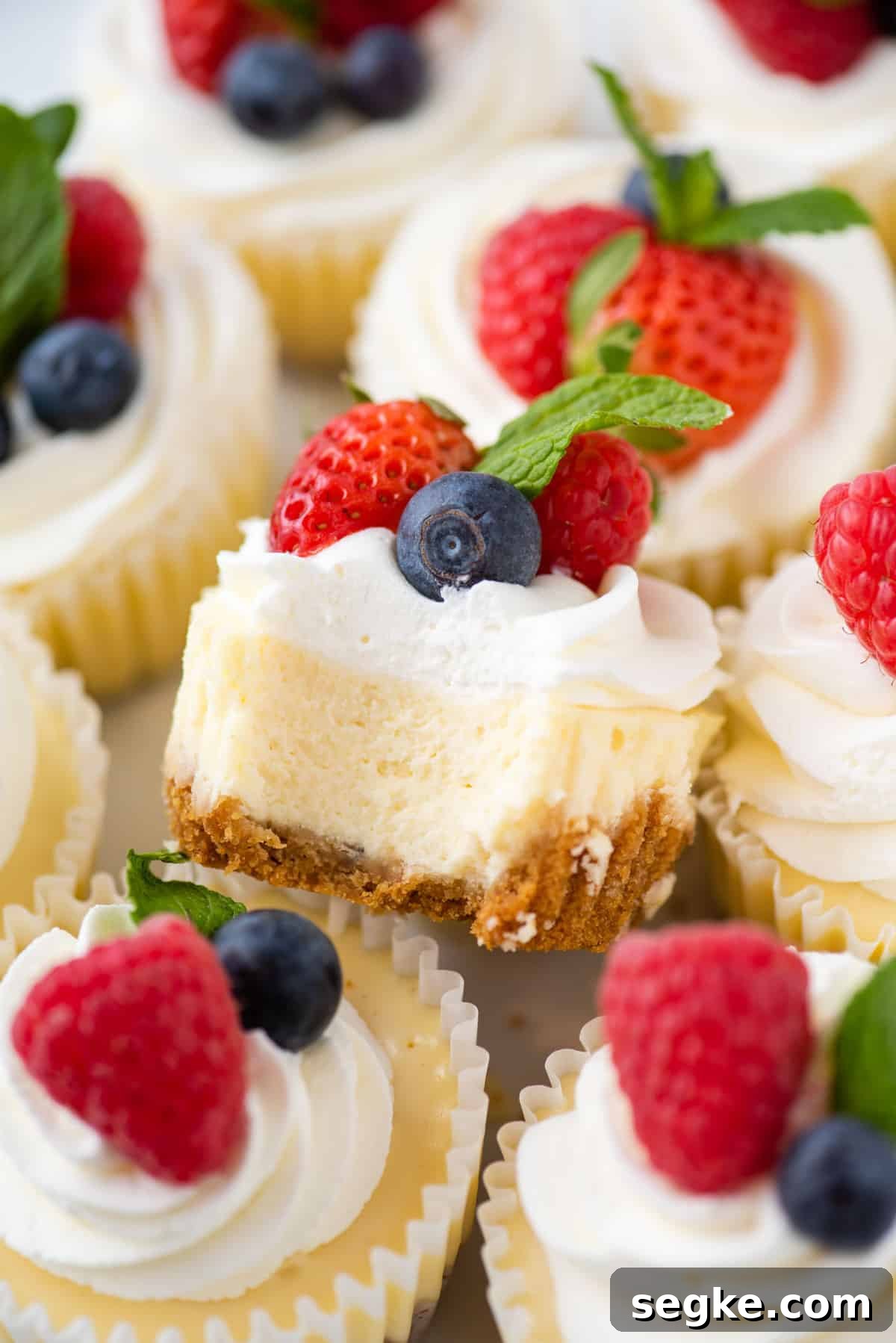 No-Bake Mini Cheesecake Bites Recipe 7 Mini cheesecakes garnished with whipped cream, fresh berries, and mint leaves
