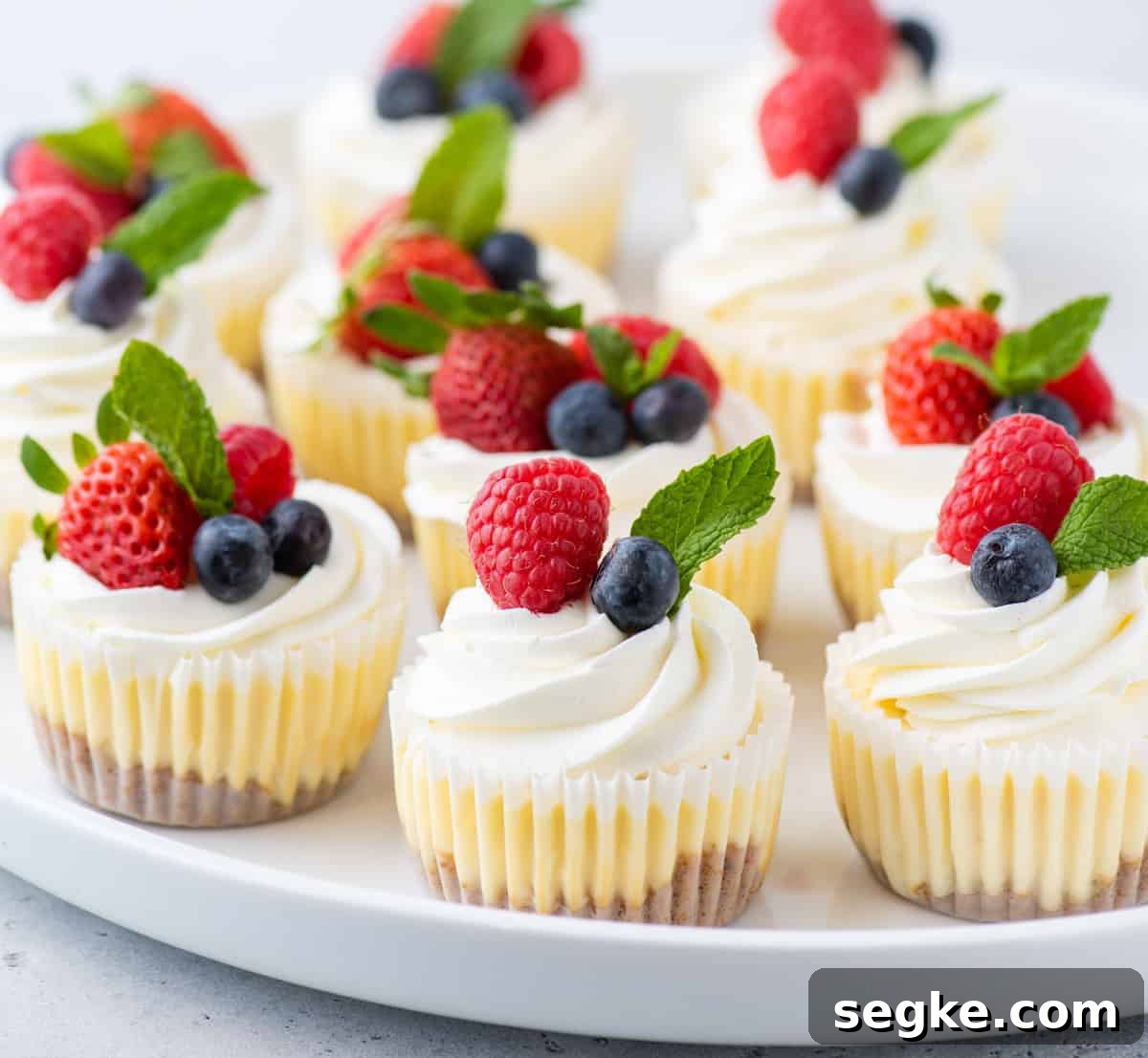 No-Bake Mini Cheesecake Bites Recipe 8 Serving tray of mini cheesecakes garnished with whipped cream, fresh berries, and mint leaves