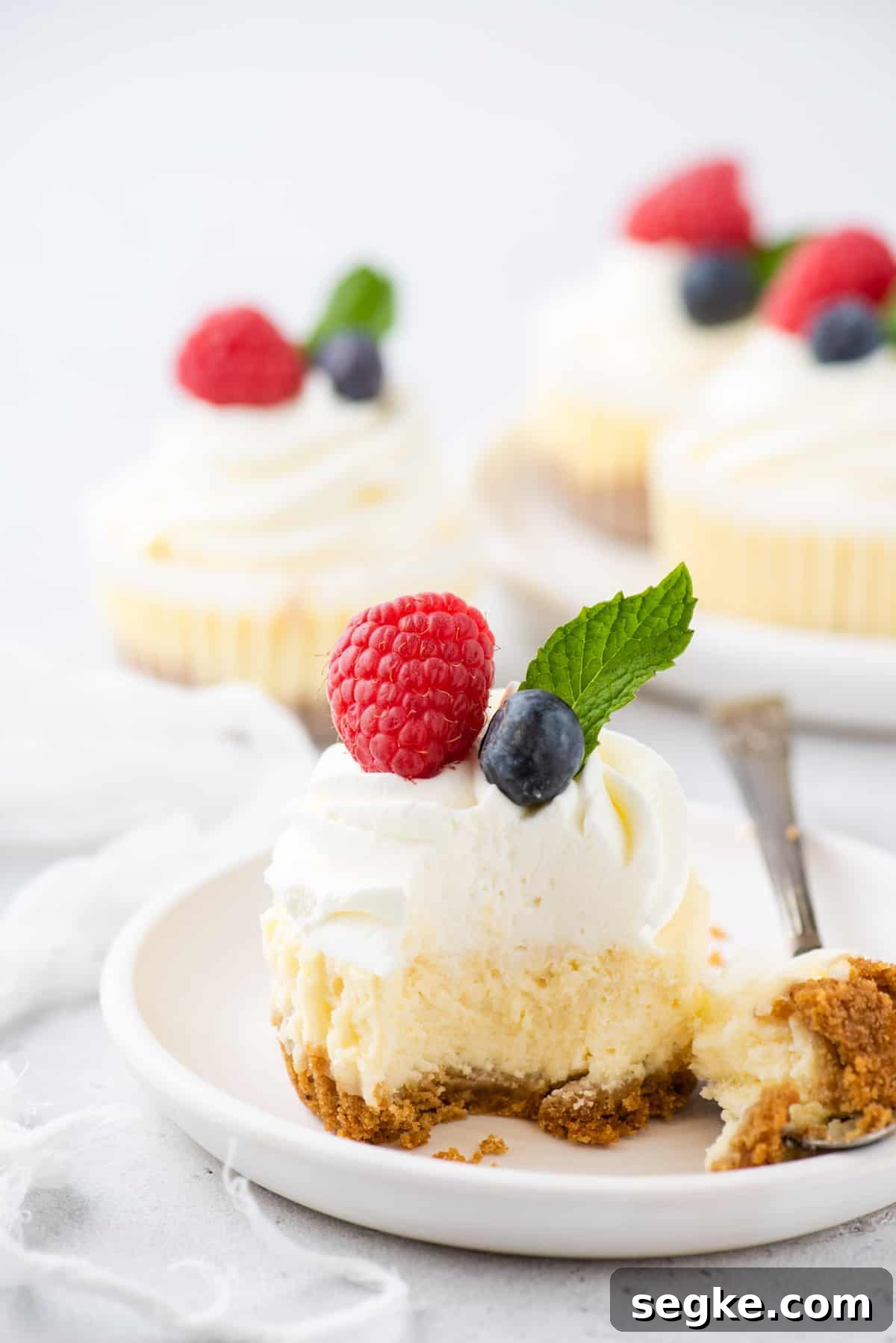 No-Bake Mini Cheesecake Bites Recipe 9 Mini cheesecake on white plate, with forkful of cheesecake set to the side