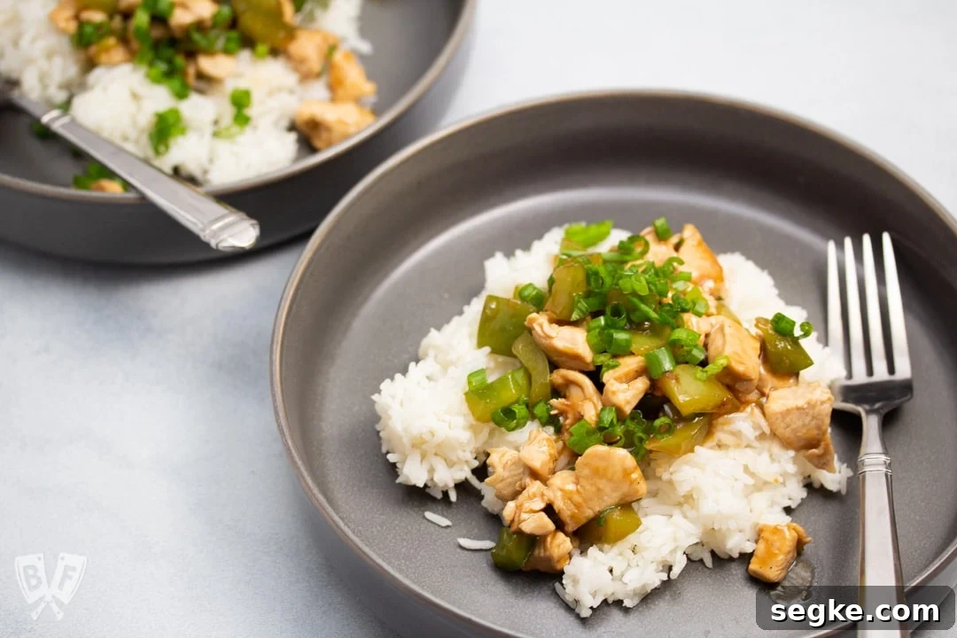 Soy-Ginger Chicken and Bell Pepper Stir-Fry 2 Chicken and bell pepper stir-fry served over white rice.