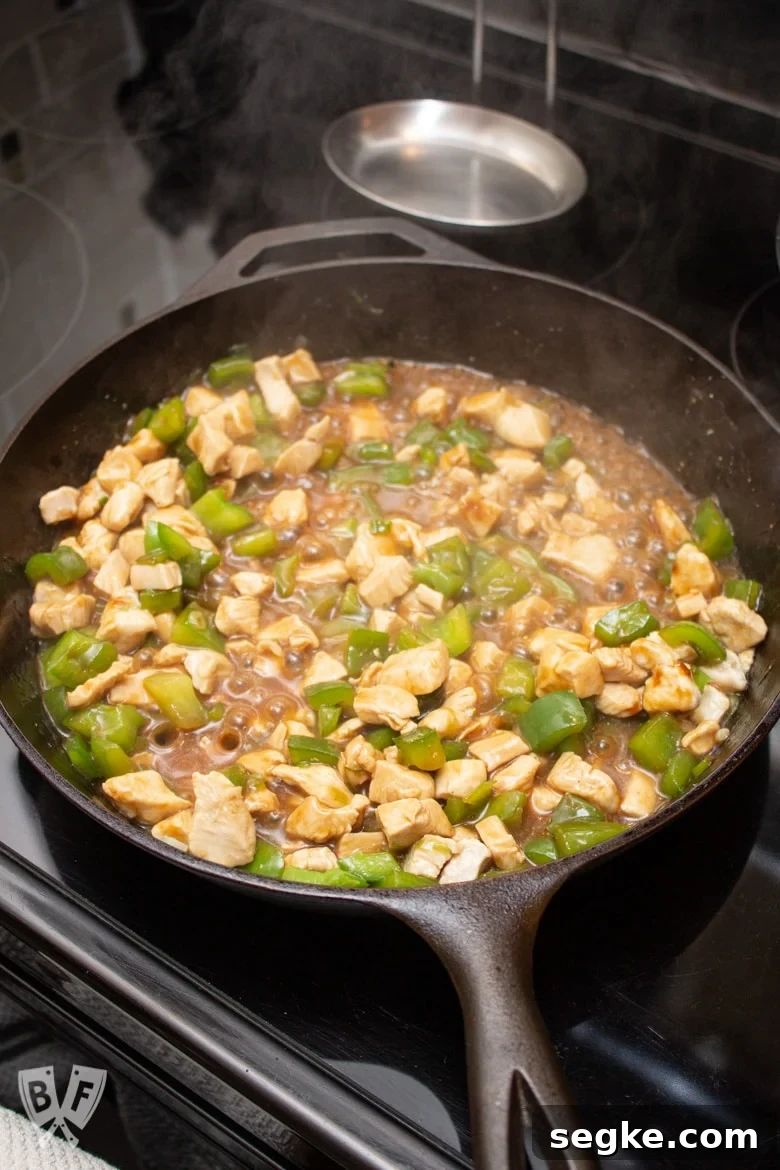 Soy-Ginger Chicken and Bell Pepper Stir-Fry 7 Cast iron skillet of chicken and bell pepper stir-fry.