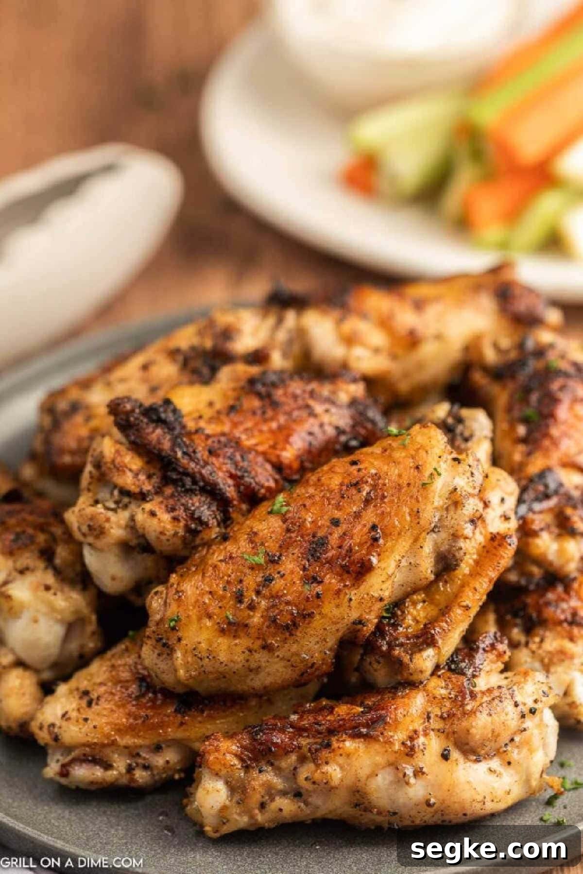 Crispy chicken wings stacked on a plate.